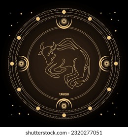 Taurus zodiac sign, astrological horoscope sign in a mystical circle with moon, sun and stars. Golden design, vector	
