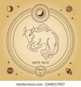 Signo de Taurus Zodiac, signo de horoscopio astrológico. Dibujo de esquema en un círculo decorativo con símbolos astronómicos místicos. Vector	