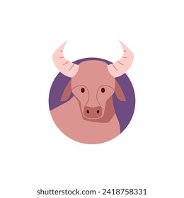 Signo Taurus zodiac. Icono de zodiaco astrológico, cabeza de toro en marco de círculo púrpura. Diseño plano Taurus Horoscopio símbolo ilustración vectorial aislada en blanco