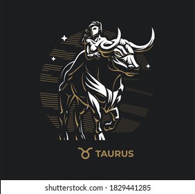 Taurus zodiac sign. Zodiac, astrology, stars. A woman is riding a Bull.