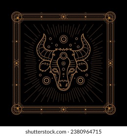 Taurus zodiac sign and astrology symbol, element. Modern outline vector illustration. Black background.
