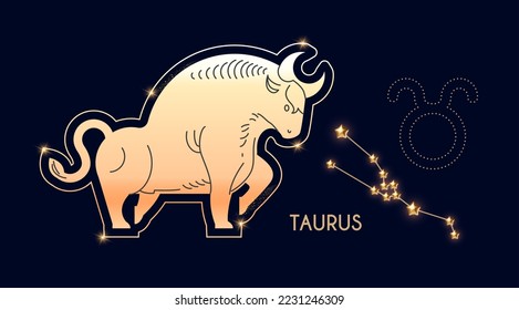 Taurus. Zodiac sign, beast and connstellation oh blue background