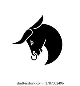 Taurus zodiac sign black glyph icon. Astrological bull silhouette symbol on white space. Horned farm animal, ranch livestock, domestic cattle. Bullfight, corrida mascot. Vector isolated illustration