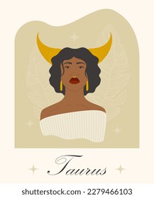 Taurus zodiac sign black woman cartoon vector illustration. Mystic afro lady, horoscope sign personality.