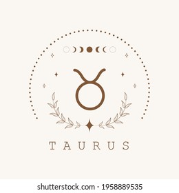 Tauro. Signo de zodiaco al estilo boho. Icono astrológico aislado en fondo blanco. Misterio y esotérico. Ilustración vectorial del logotipo del horóscopo. Tarjeta de tarot espiritual.