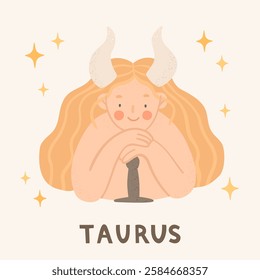 Taurus - zodiac sign. Cartoon vector illustrations in flat style. Beautiful woman with horns and sword. Astrology symbol. Template for greeting card or banner