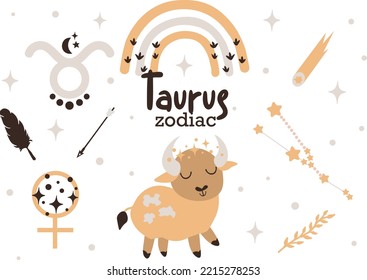  Taurus zodiac sign clipart - cute kids horoscope, zodiac stars, constellation, rainbow, planet, leaves, arrow and comet isolated Vector illustration on white background. Cute vector astrological char