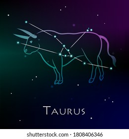 Taurus Zodiac Sign and the Constellation against a dark starry sky. Vector illustration on a black background