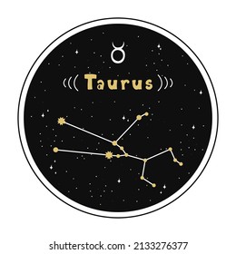 Taurus. Zodiac sign and constellation in a circle. Set of zodiac signs in doodle style, hand drawn.