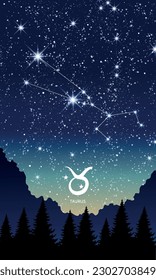 Taurus zodiac sign, constellation in the night sky, landscape vertical postcard for stories. Template for astrology, fortune teller, calendar. Modern vector illustration.