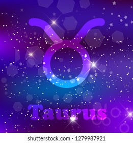Taurus Zodiac sign and constellation on a cosmic purple background with glowing stars and nebula. Vector illustration, banner, poster, bull card. Space, astrology, horoscope, astronomy, fantasy design