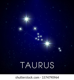 Taurus zodiac sign and constellation on cosmic night sky with stars vector. Astrology sign in night sky, zodiacal system, space astrological symbol. Horoscope, astronomy and shining celestial bodies