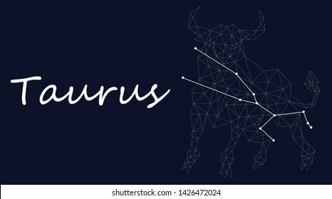 Taurus Zodiac sign constellation vector. Horoscope sign constellation stars. Abstract crystal space dark sky background with dots stars. Vector Astrology silhouette taurus illustration white symbol