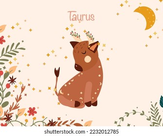 Taurus zodiac sign. Cute banner with Taurus, stars, bright moon, flowers, and leaves. Astrological sign of the zodiac. Vector illustration.