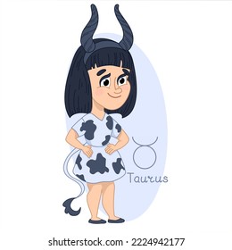 Taurus zodiac sign. Cute Girl dressed as a cow with horns and tail. Isolate vector illustration. Character Girl on a white background.  Hand drawn illustration.