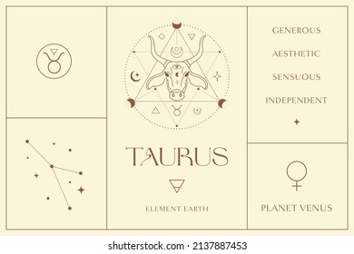 Taurus Zodiac Sign Design, Esoteric Abstract Logo, Mystic Spiritual Symbols, Icons. Astrology, Moon and Stars, Magic Esoteric Art