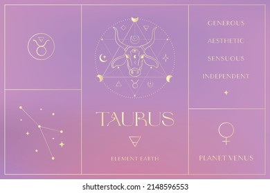 Taurus Zodiac Sign Design, Esoteric Abstract Logo, Mystic Spiritual Symbols, Icons. Astrology, Moon and Stars, Magic Esoteric Art. Gold Option