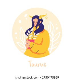 Taurus zodiac sign. Earth. Female character and element of ancient astrology. Modern flat style. Isolated on white background