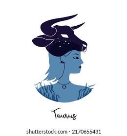 Taurus zodiac Schild. Weiblich blaue Silhouette mit einem Bullenkopf als Maske. Vektorgrafik eines astronomischen Zeichens mit einem Mädchen einzeln auf weißem Hintergrund. Horoskop mit Zodiac Taurus.