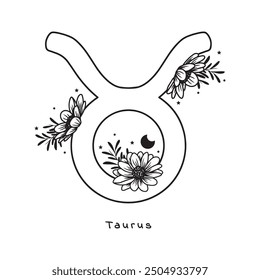 Tauro signo del zodiaco con flores, estrellas y luna, Arte vectorial, fondo blanco