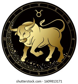 Taurus Zodiac sign. Golden circle on a black background. Vector illustration.