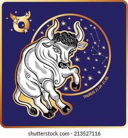 Taurus zodiac sign. Horoscope.The circle with the constellation and stars Golden and white figure on blue background.Graphic Vector Illustration in retro style.  