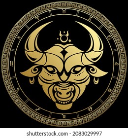 Taurus. Zodiac Schild. Horoskop. Goldener Kreis auf schwarzem Hintergrund.