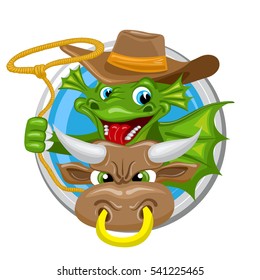 Taurus. Zodiac sign. Horoscope. Green dragon with lasso rides a bull 