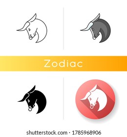 Taurus zodiac sign icon. Astrological bull. Linear black and RGB color styles. Horned farm animal, ranch livestock, domestic cattle. Bullfight, corrida mascot. Isolated vector illustrations