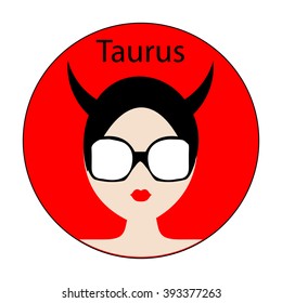 Taurus zodiac sign. Icon with fashionable woman face with trendy hairstyle. Red and black colors. Perfect for design.