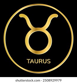 Icono del signo del zodiaco de Tauro. Símbolo de brillo dorado aislado sobre fondo negro.  Horóscopo zodiacal astrológico. Imagen del tatuaje, logotipo. Ilustración vectorial.