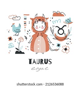 Taurus zodiac sign illustration. Astrological horoscope symbol character for kids. Colorful card with graphic elements for design. Hand drawn vector in cartoon style with lettering