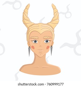 Taurus zodiac sign isolated on white background. Blonde girl with stylish hairstyle on astrology seamless background.