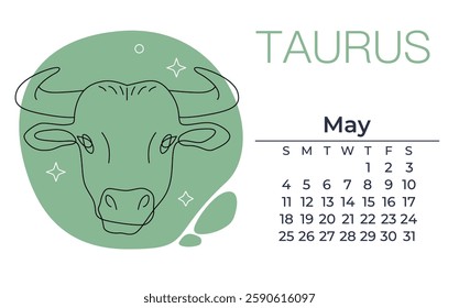 Taurus zodiac sign, minimalist line illustration of a cow's head, may calendar, for poster, card, astrology designs