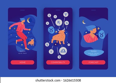 Taurus zodiac sign. Mobile app screens for horoscopes, astrology applications, websites, predictions. 