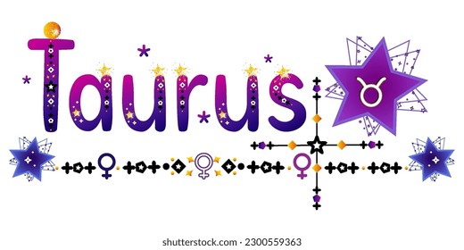 Tauro. Signo zodiaco. Señal de la luna. Etiqueta de astrología. Señal de sol. Etiqueta astrológica. Estrellas espaciales planetas. Vector de horóscopo. Título védico de la señal. Insignia de astronomía. Ilustración bursátil. Texto de la carta. 