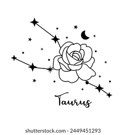 Signo del zodiaco Tauro con luna, flor y estrellas. Constelación celestial 