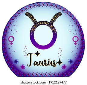 Taurus zodiac sign. Moon sign label. Astrology sign. Horoscope vector. Vedic sign title. Astrology sticker. Astronomy badge. Stock illustration. Purple magical globe. Stars and patterns.
