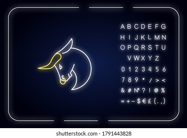 Taurus zodiac sign neon light icon. Outer glowing effect. Astrological bull sign with alphabet, numbers and symbols. Bullfight, corrida mascot. Vector isolated RGB color illustration