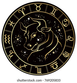 Taurus. Zodiac sign on a dark background in a gold frame with stars. Vector illustration