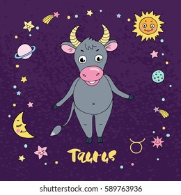 Taurus zodiac sign on night sky background with stars, sun, moon and planets. Design elements for calendars or cards. Vector illustration in cartoon style