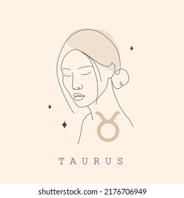 Taurus zodiac Schild. Eine Zeichnung. Astrologisches Symbol mit abstraktem weiblichem Gesicht. Mysteriöse und esoterische Umriss-Logo. Horoskop-Symbol. Lineare Vektorgrafik im minimalistischen Stil.