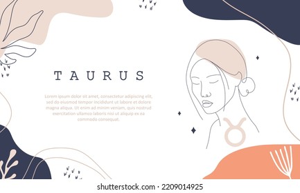 Taurus zodiac sign. One line drawing. Astrological icon with abstract woman face. Mystery and esoteric outline background. Astrology horizontal banner. Linear vector illustration in minimalist style.