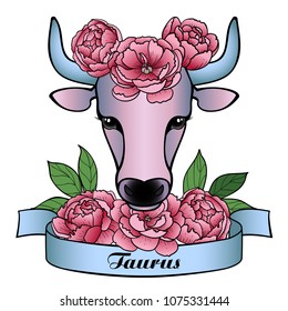 Taurus zodiac sign with pink flowers. Ox vector romantic pattern for textile prints, tattoo, mascot.