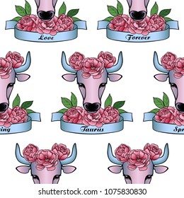 Taurus zodiac sign with pink flowers seamless pattern. Ox vector romantic wallpaper for textile prints, tattoo, mascot, valentines, birthday greeting cards.