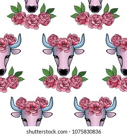 Taurus zodiac sign with pink flowers seamless pattern. Ox vector romantic wallpaper for textile prints, tattoo, mascot, valentines, birthday greeting cards.