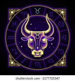 Taurus zodiac sign represented by the face of a bull. Neon horoscope symbol in circle with other astrology signs sets around.