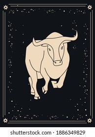 Taurus zodiac sign. Silhouette of golden color astrological sign on a dark background. Magic illustration of an animal against the background of the starry sky.