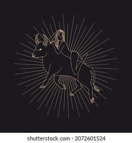 Taurus zodiac sign. Silhouette of a golden astrological sign; on a dark background. Magic illustration. A woman rides a bull. Against the background of the star. Mythical drawing. Print for clothes. 