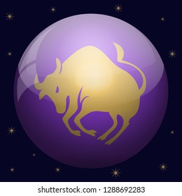 Taurus zodiac sign in the sphere of purple. Isolated on black background with stars.